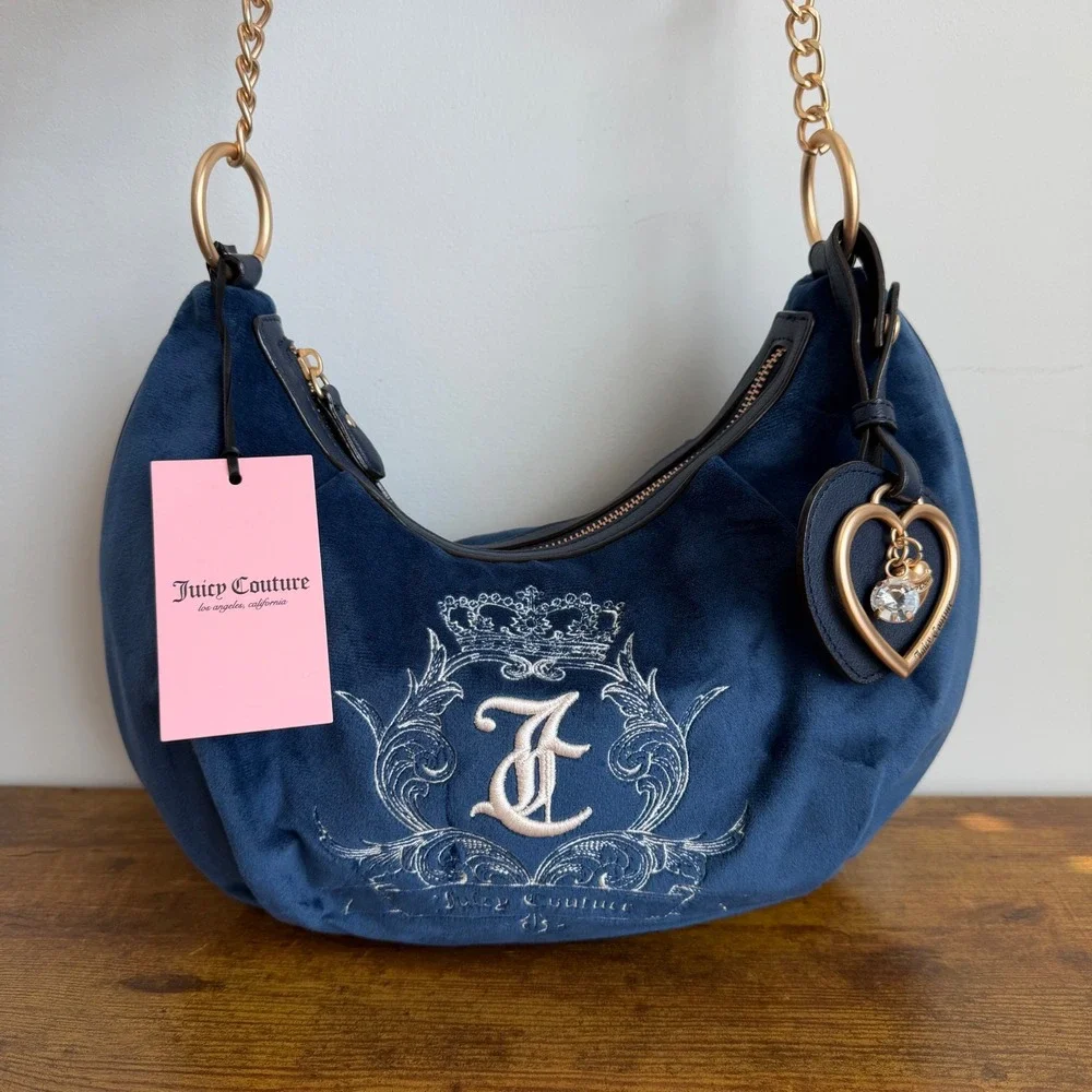 New Juicy Couture Need More Regal Blue Shoulder Hobo Handbag Wristlet Wallet Y2K